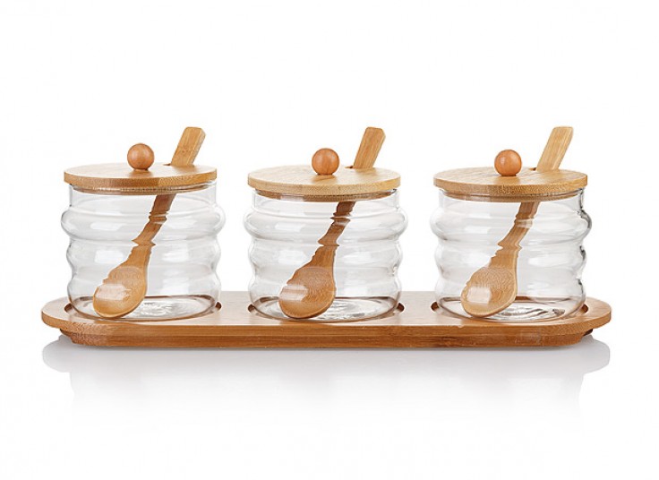 ست جا ادویه شیشه ای بامبو