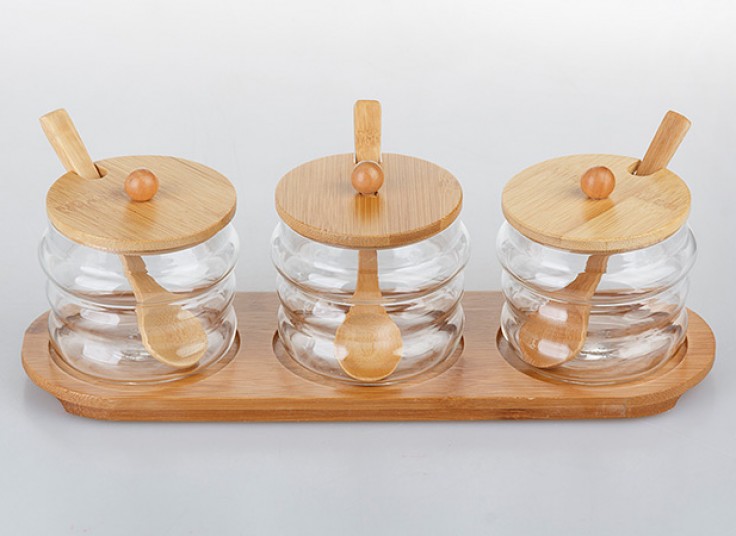 ست جا ادویه شیشه ای بامبو